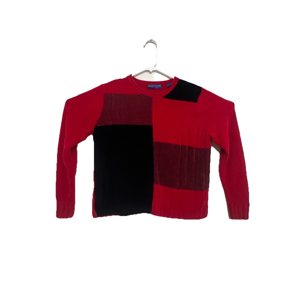 Karen Scott Sz Petite‎ Small Red Black Knit Long Sleeve Sweater Pullover, Soft !